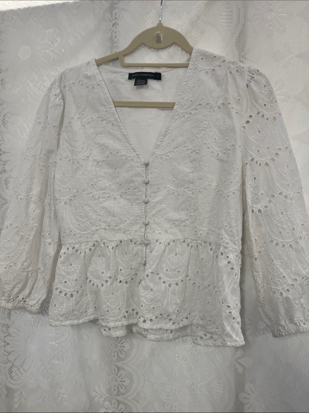 French Connection White Eyelet Button-Front Peplum Top EUC L